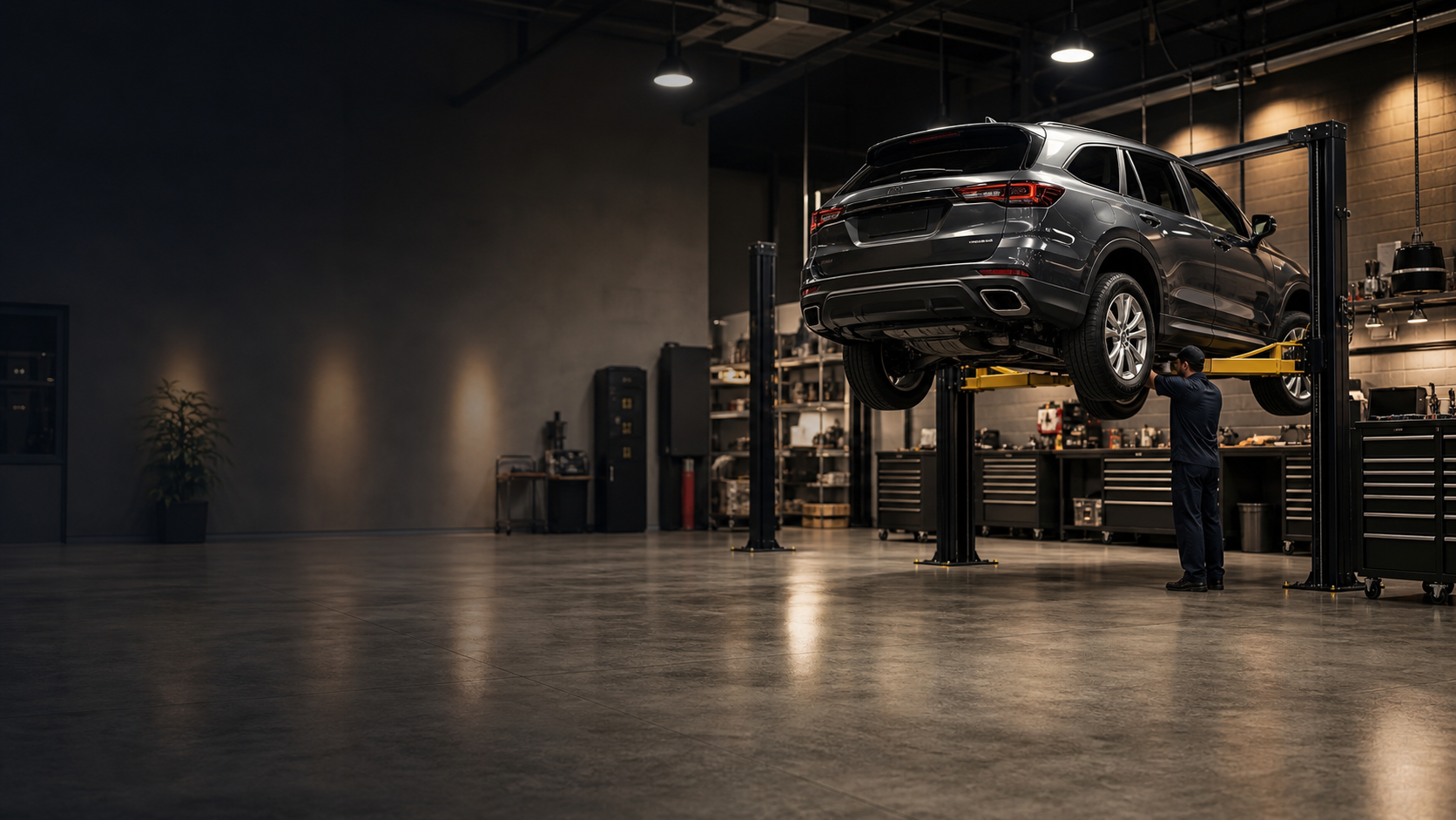Vehicle raised on a hoist in a clean, professional automotive service bay